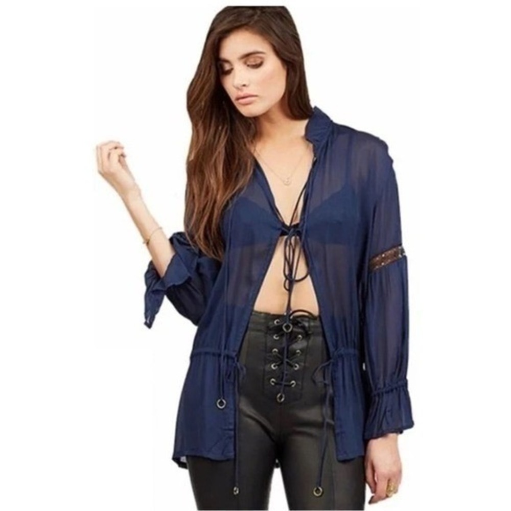 Cleobella Foxy Tie Front Gold Ring Lace Bell Sleeve Blouse Festival Navy Women S